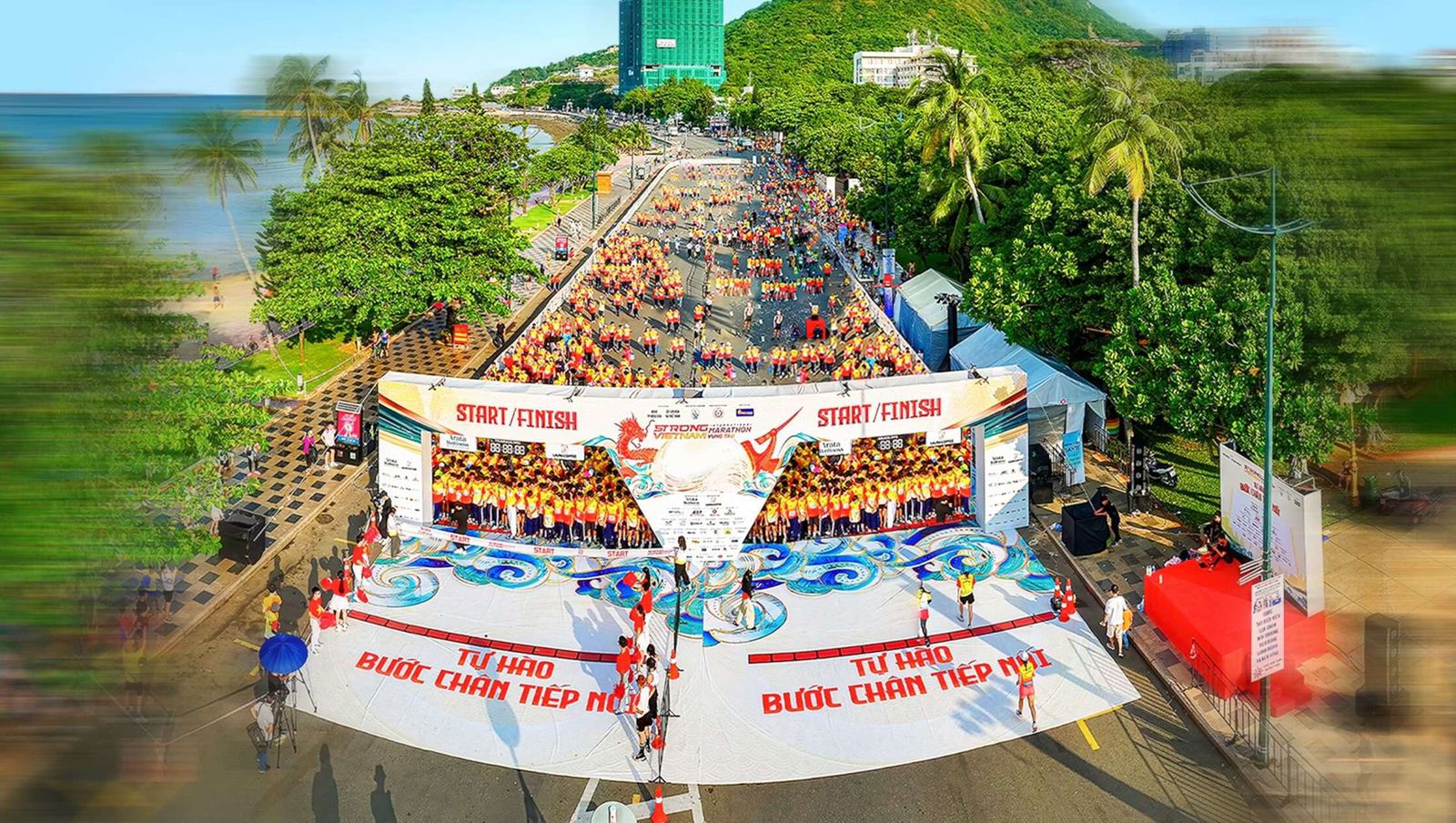 Aerial view of the Marathon Strong Vietnam 2024 start area on the Vung Tau seafront